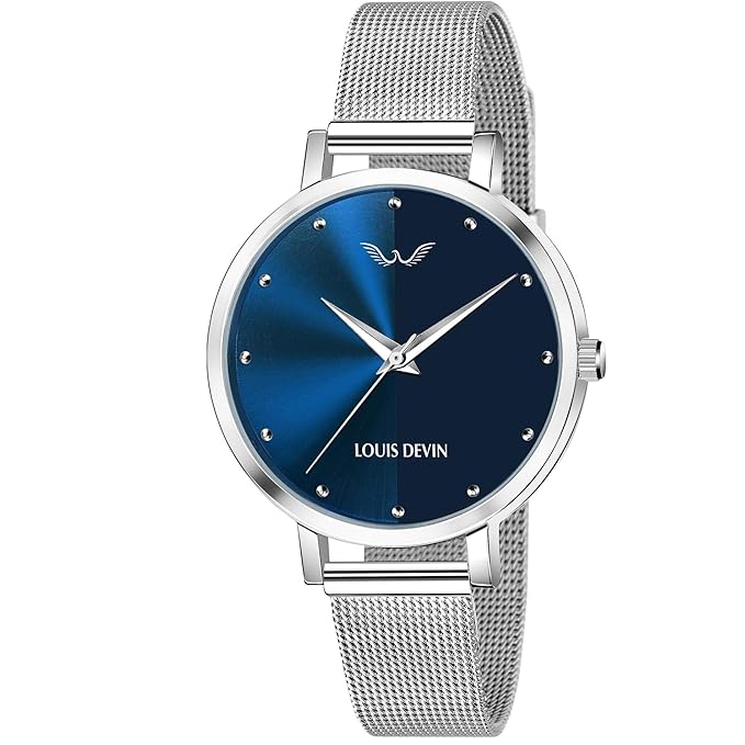 LOUIS DEVIN LD-L144-BLU-CH Mesh Blue Dial Silver Band Stainless Steel Chain Analog Wrist Watch for Women (Silver, Classic)